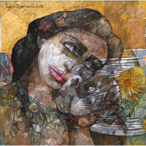 Iqbal Durrani, Wings on Sunflower, 26 x 26 Inch, Oil on Canvas, Figurative Painting, AC-IQD-110